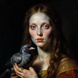 a baroque close - up portrait of a fantasy alien cyborg shaman goddess wearing facepaint and a colorful laser eyes, holding a bird. black background. studio lighting, big eyes. highly detailed science fiction fantasy painting by norman rockwell, moebius, frank frazetta, syd mead, and sandro botticelli. high contrast. renaissance masterpiece. artstation.