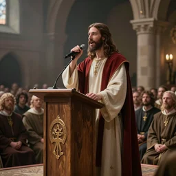 jesus christ rapping on a podium to a crowd of people, 4 k image, hd, high res, unreal engine, medieval
