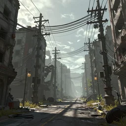 an concept art illustration, photorealistic shadowrun city ruins street with large electric wires, fantasy, ultra realistic, inspired by dylan cole, trending in artstation, cgsociety, octane render, ultra sharp, unreal engine, digital painting, 8 k