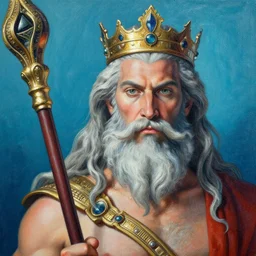 detailed close up portrait of Poseidon, the god of the sea, with scepter and crown, rising from the ocean matte painting, photorealistic