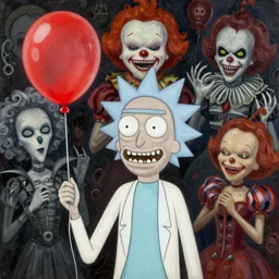 grunge painting of rick from rick and morty with a wide smile and a red balloon by chris leib, loony toons style, pennywise style, corpse bride style, horror theme, detailed, elegant, intricate