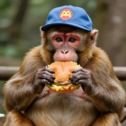 a photo of a morbidly obese monkey eating Burger wearing cool hat