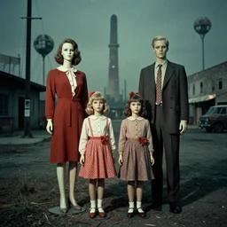 Doomtown nuclear town, mannequin family dressed in late 50\'s clothing, eerie, dystopian, grain film