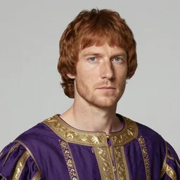 A regal close-up, studio photographic portrait of a man with auburn hair and freckles wearing a purple gilded medieval byzantine tunic, neutral flat lighting, overcast, hard focus, shot on a Sigma 135mm camera, featured in life magazine