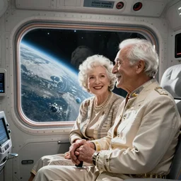 photo of glamorous elderly couple in a spaceship with a window looking out to orbit