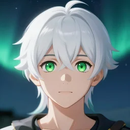 white haired young guy with wide green eyes on the moon, aurora, small nose, stunning anime, full face portrait, high symmetry, close look, octane render, makoto shinkai, genshin impact, hyper detailed, close shot, light blur