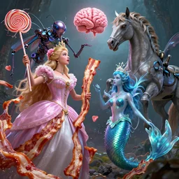 by artgerm and agostino arrivabene, visually stunning, cinematic, ultra realistic, hyper realism, 1 2 k, epic, octane render, unreal engine, vfx, maya, chaotic portrait of a princess, bacon and licorice, cyborg insectoid creature, brain box, compelled duel, gifted aetherborn, returned centaur, mermaid