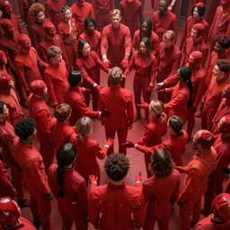 love, diverse red cybersuits, from behind, connection rituals, wide wide angle, vivid, elaborate, highly detailed, beautiful lighting