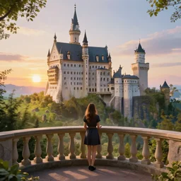 standing on a large balcony overlooking a beautiful natural landscape, high fantasy architecture, fantasy castle, magic hour, concept art