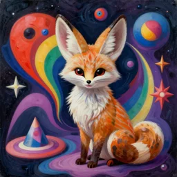 an extremely high quality hd surrealism painting of a 3d slow-shutter galactic neon complimentary colored cartoon surrealism melting optical illusion fennec fox by a much more skilled version of kandinsky or picasso and salvia dali the fourth, salvador dali's much much much much more talented painter cousin, 4k, clear shapes, defined edges, ultra realistic, super realistic, so realistic that it changes your life and makes you pregnant just by viewing it