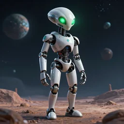 an illustration of the full body of an alien robot with glowing green eyes in an unknown planet, hyperrealistic, octane render, 3D