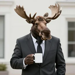 a moose wearing a suit and tie holding a coffee mug on monday