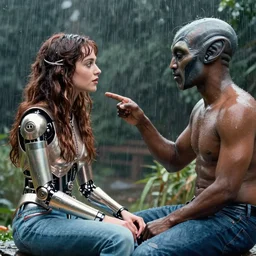 kayne west scene in the movie promethius where aliens harness him for creative music. he sits as romantic cyborg kristen steward placates him. sexy male alien pete davidson appears wearing jeans and no shirt to taunt kanye. rain. film grain color footage. music video style promo for movie. closeup faces