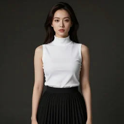 Woman in White Sleeveless turtleneck t-shirt and black pleated skirt