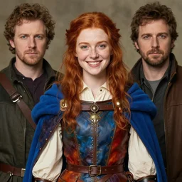 a young shy smile red head bard woman, ( ( ( colorful leather armor ) ) ) cream blouse, blue cloak, portrait by daniel docciu and dave dorman and artgerm