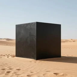 Big cube made of black metal in the middle of the desert, professional photograph,