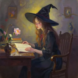 bird witch girl in a cozy study. complementary colors, oil painting, indie concept art, bloom, chiaroscuro, backlighting.