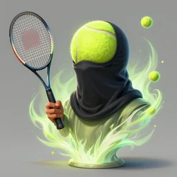a tennis ball monster with a tennis racquet, bust shot, balaclava, face covered, smooth, intricate, elegant, power aura, digital painting, artstation, concept art, sharp focus, illustration, art by basil gogos - h 6 4 0