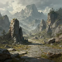 The stone landscape with mountains in the background, Sci-Fi fantasy wallpaper, painted, 4k, high detail, sharp focus
