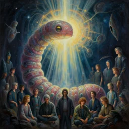 a mysterious painting of a space worm that appears to be a gateway to the spiritual realm by james jean, ruan jia, ilya kuvshinov, martine johanna, peter mohrbacher, dan mumford, anton fedeev, william higginson, ross tran, cosmic, heavenly, god rays, intricate detail, cinematic, cel shaded, unreal engine, featured on artstation, pixiv