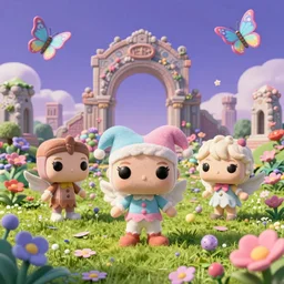 ps 1 funko pop plushie jester angels, pastel cute roaming a park garden of lost ruins, against a psychedelic surreal background with 3 d butterflies and 3 d flowers n the style of 1 9 9 0's cg graphics against the cloudy night sky, lsd dream emulator psx, 3 d rendered y 2 k aesthetic by ichiro tanida, 3 do magazine, wide shot