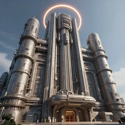 low angle 3 d sculpt of massive town hall beveled architecture, massive pipeline with layered complex cyberpunk'power station'complex industrial military building facade, halo, star wars, ilm, star citizen halo, mass effect, high tech industrial, artstation unreal