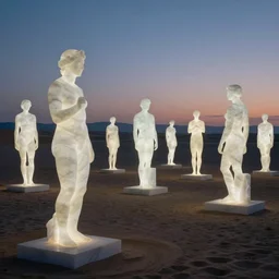 simplicity, high exposure desert at dusk, glowing marble realistic sculptures of people everywhere, ethereal, by miles johnston, by william godward, by moebius, by simon stalenhag, by gustave dore, by andrew jones, by pekka halonen, by beeple, beautiful lighting, masterpiece