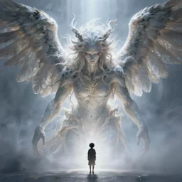 a beautiful terrifying pale humanoid giant with wings looms over a tiny human. ethereal fantasy art by greg rutkowski