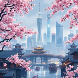 chinese painting of shanghai full of sakura unreal engine ghibly, disney. pixar, dreamworks
