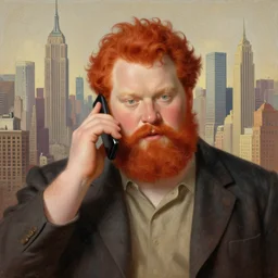 a fat redheaded man with beard talking on a cell phone manhattan skyline in the background, intricate, elegant, highly detailed, centered, digital painting, artstation, concept art, smooth, sharp focus, illustration, art by james gurney and donato giancola and Joseph Christian Leyendecker