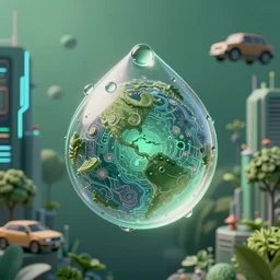 nature in drops of dew, within every dewdrop a world of struggle, fantasy intricate elegant under graphic cyberpunk buildings and floating cars lush volumetric lighting 3 d modelling