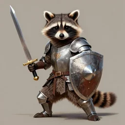 raccoon wielding a sword and shield in knights armor, by leonid afremov