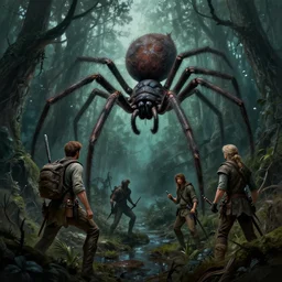 a dark swamp with four adventurers against a giant spider, matte painting by christophe vacher and marc simonetti