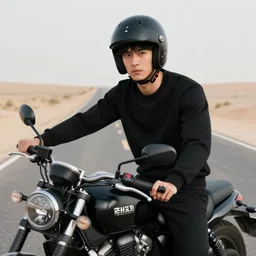 portrait photo of young man posing with a black modular helmet and a motorcycle on a desert road, wearing a black modular helmet, silhouette of mountains in background, sunset, golden hour, cinematic, octane, 4 k, 8 k, art gallery masterpiece by rainer schlegelmilch