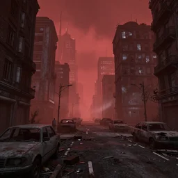 Apocalyptic city, abandoned vehicles in the streets, red fog, infected buildings, Octane Render