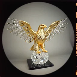 kodak portra 4 0 0, wetplate, 8 mm extreme fisheye, full view, from a distance, award - winning colour portrait by britt marling : a golden eagle made of crystal glass and diamond