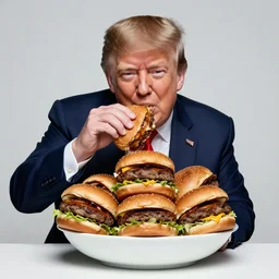 donald trump eating an entire bowl filled with burgers, studio portrait photo, studio lighting, key light, food photography
