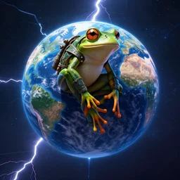 a frog warrior lifting the entire planet, concept, art, octane render, cinematic rendering, dramatic lightning, 8 k, space colors