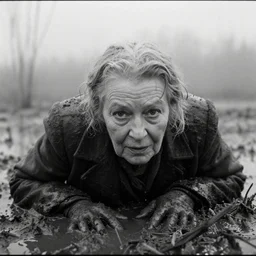 1 9 6 0 s movie still close - up of a frozen elder woman crawling in a swamp, cinestill 8 0 0 t 3 5 mm black and white, heavy grain, high quality, high detail, mud, foggy, by andrei tarkovsky