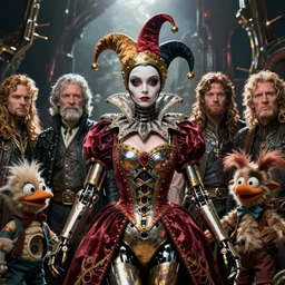 detailed ultrarealistic photography medium shot of fantasy cyborg jester queen addams family and furry muppet puppet postapocalyptic leyendecker, symmetric norman rockwell, ian miller, artstation cinematic, vray game of thrones, lord of the rings, star wars