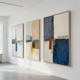 : abstract paintings on wall in white art studio with modern architecture cinematic lighting, hyper - realistic, detailed, render by c 4 d octane, unreal engine, 8 k 3 d render