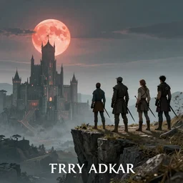 Fantasy novel cover, group of adventurers overlook cliff, distant castle city, red moon in the sky