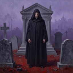 a painting of a man in cloak standing in a graveyard mausoleum, soft vaguely violet color, an ultrafine detailed painting by seb mckinnon, featured on cgsociety, gothic art, darksynth, dark and mysterious, ominous vibe, red on the ground