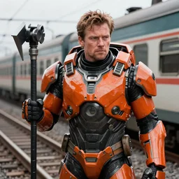 vfx movie closeup real life gordon freeman holding wearing futuristic orange and black armor crowbar in russian train yard by emmanuel lubezki
