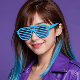 closeup painting of a very beautiful young mexican cyberpunk woman with a smirk, wearing light blue louvered shades, one side haircut, long brown hair with light blue ends, purple leather jacket, portrait, hyperdetailed, artstation, cgsociety, 8 k, synthwave image