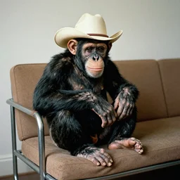 photo of a chimpanzee wearing a cowboy hat sitting on le corbusier couch, 5 0 mm, beautiful photo