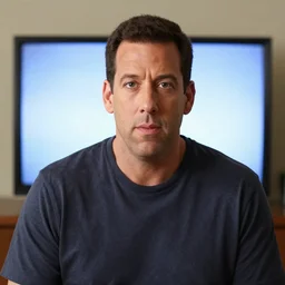 hyper realistic adam sandler staring into a tv screen