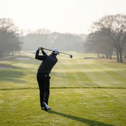 one golfer in his backswing from behind in a golf course in a winter morning, photorealistic, grain, cinemastyle, depth of field