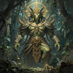 Dark Souls 3 and Elden Ring themed painting of mayan jungle reptilian human hybrid deity, fantasy matte painting, golden ratio, trending on cgsociety, intricate, majestic, epic fantasy, cinematic, trending on artstation, highly detailed, vibrant