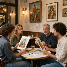 photorealistic italian cafe full of talking godlike artists showing off their art, different ethnicities